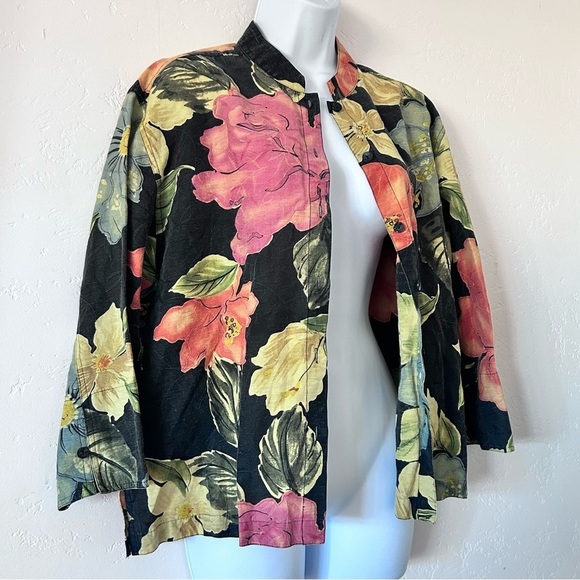 CHICOS DESIGN Vintage Linen Floral Button Down Shirt Jacket Shaket Size 2 / M - Picture 6 of 9